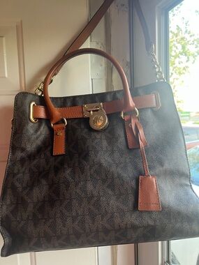 Michael Kors Brown and Tan Logo Satchel Tote beautiful bag!! Older bag  withlife